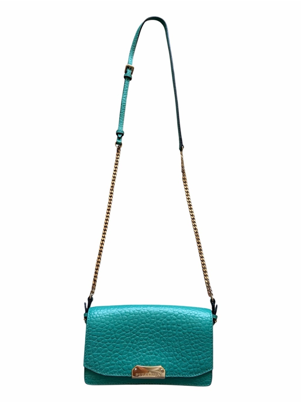 Burberry Madison Wallet on a Chain Pebble Leather Crossbody Bag in Aqua Teal